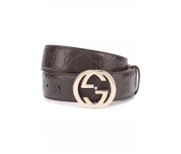 Кожаный ремень с тиснением Signature и фигурной пряжкой Gucci коричневый